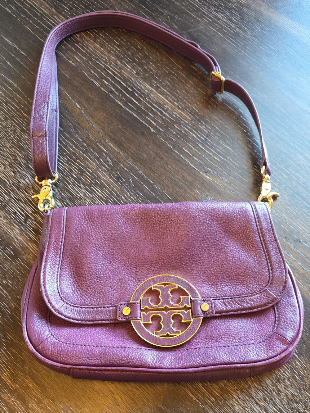Tory Burch Plum Pebbled Leather Shoulder Bag with Gold Logo